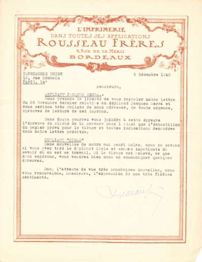 Lettre du 2 décembre 1943, Rousseau Frères, Bordeaux